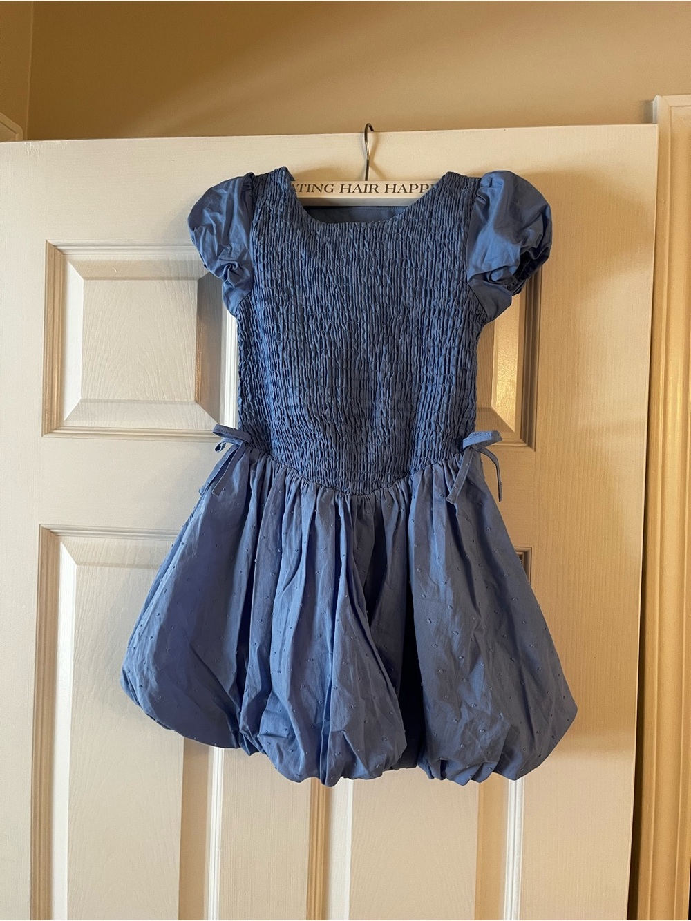 Smocked Puff-Sleeve Blue Girls' Party Dress